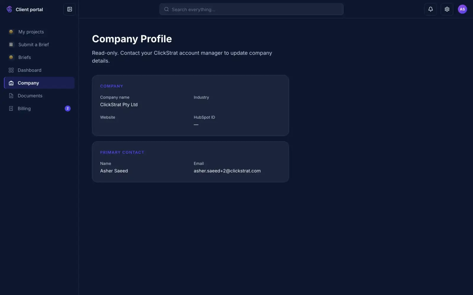 A client's company profile with company name and primary contact