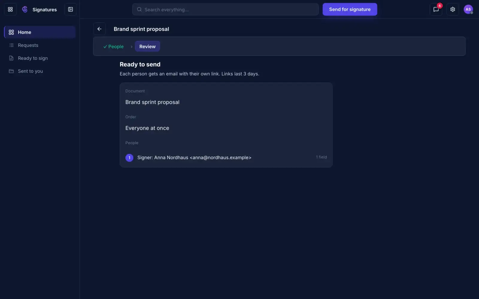 The review step before a signature request is sent