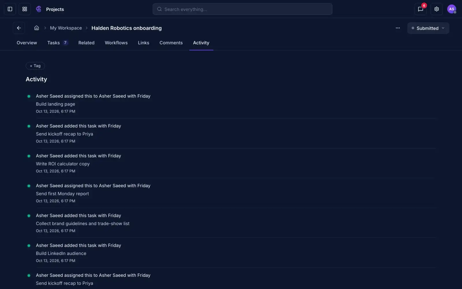 An activity log showing tasks added with Friday