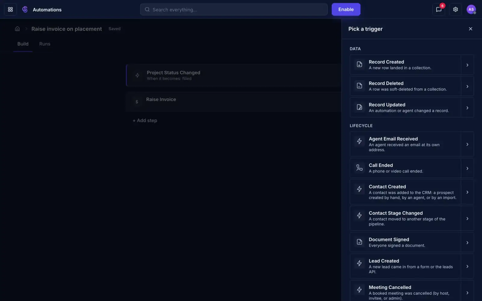 The trigger picker listing events such as Document Signed and Lead Created