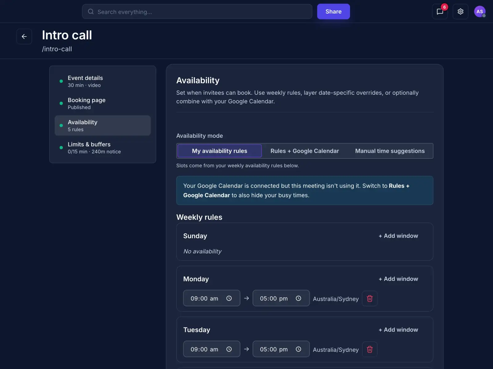 Weekly availability rules for a meeting type