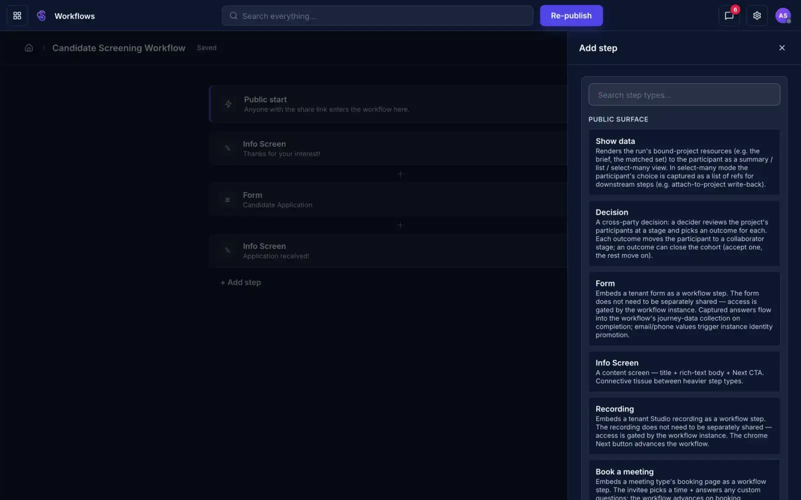 The Add step panel listing step types