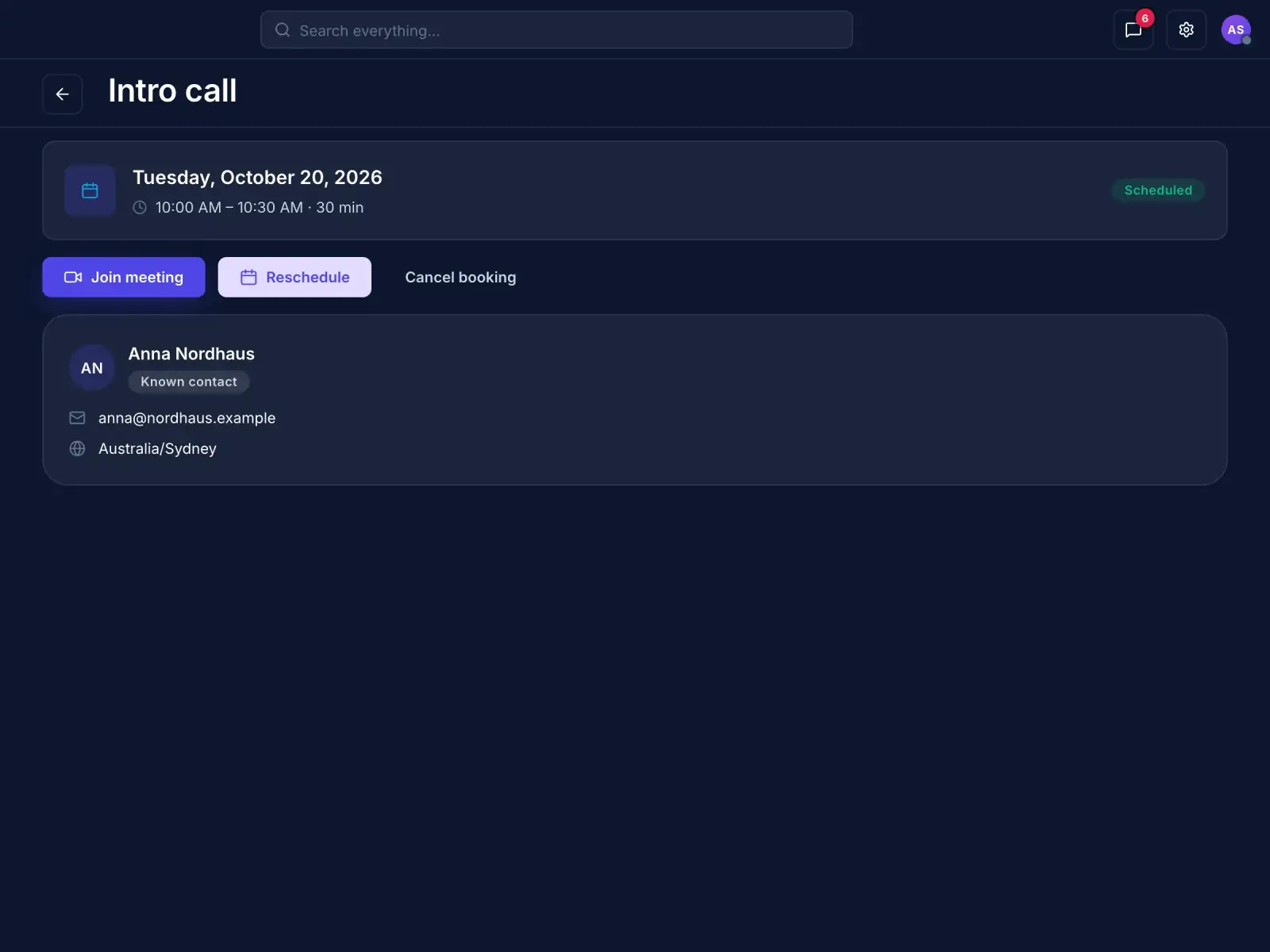 A booking showing the invitee marked as a known contact