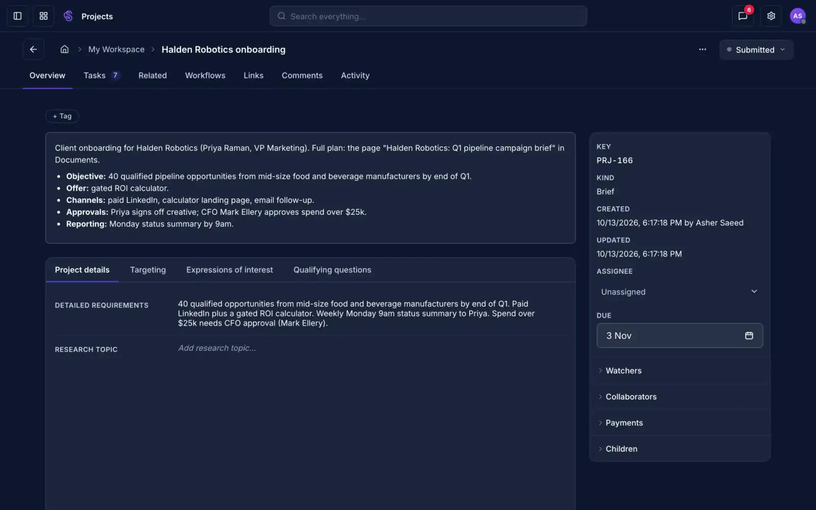 A project record with its brief, details and status