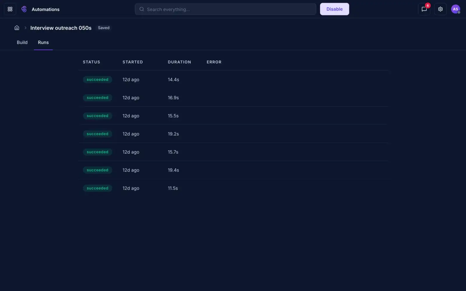 A list of automation runs, all succeeded, with start time and duration