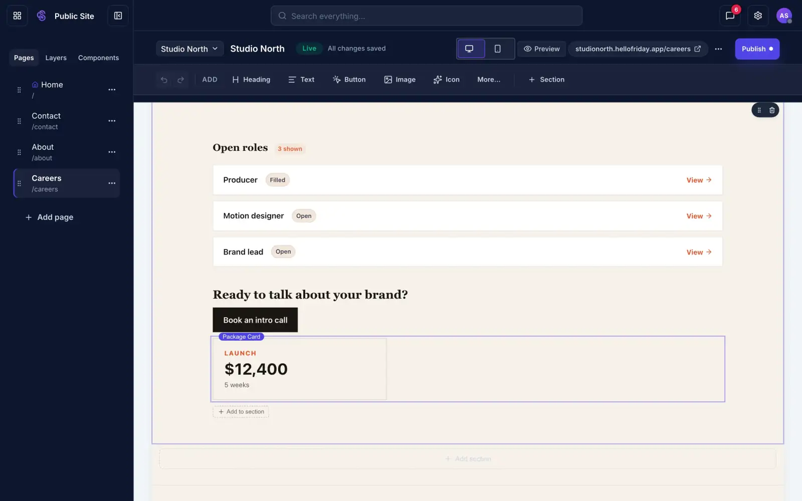 A live list of open roles on a Sites page, read from your records