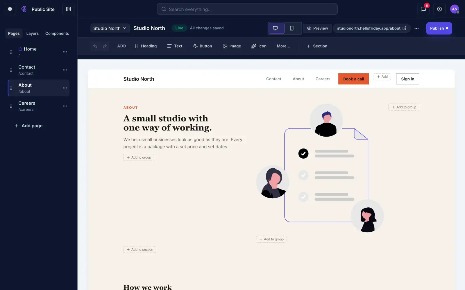 The Sites builder with the Publish button