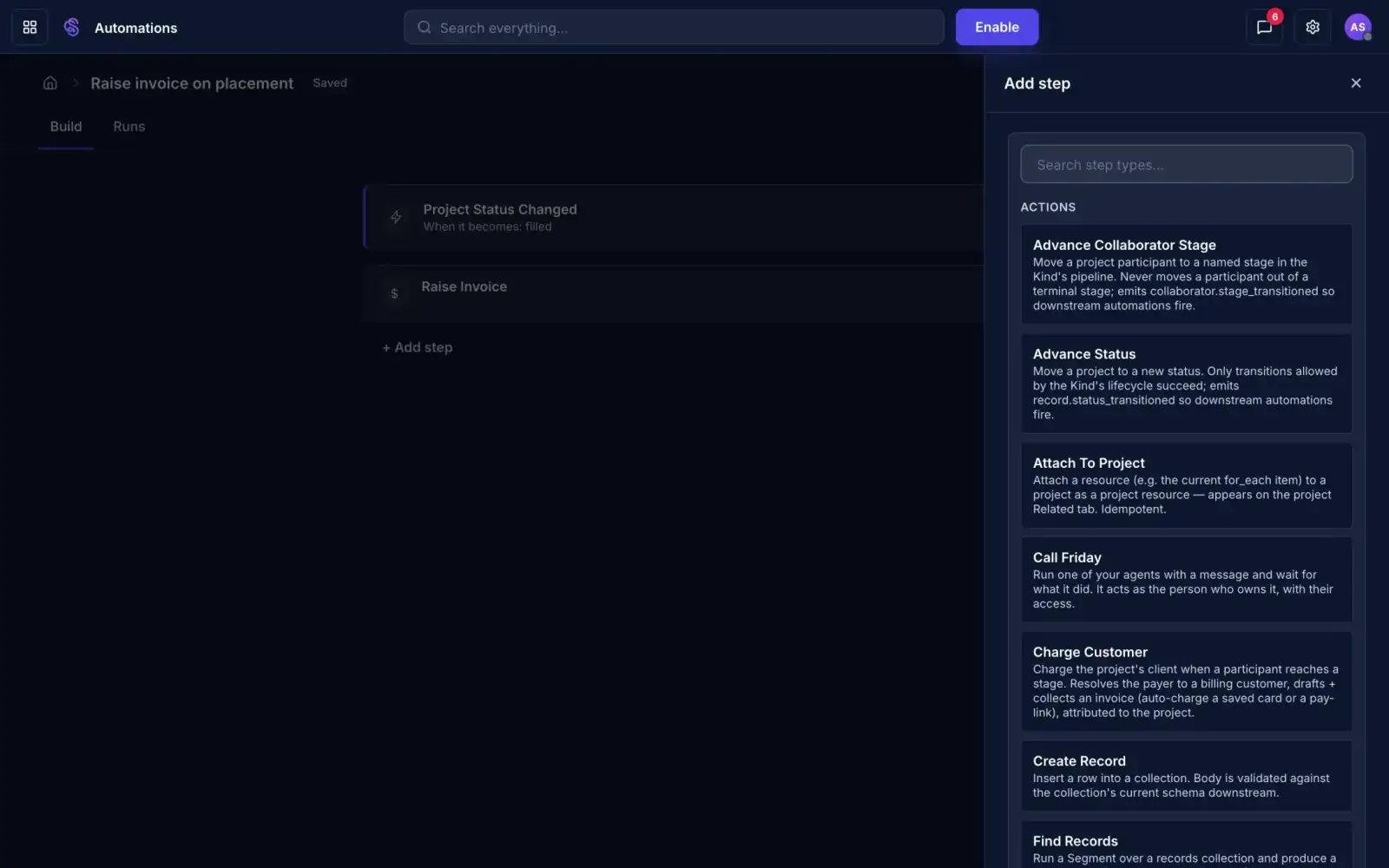 The Add step panel listing actions such as Call Friday and Create Record