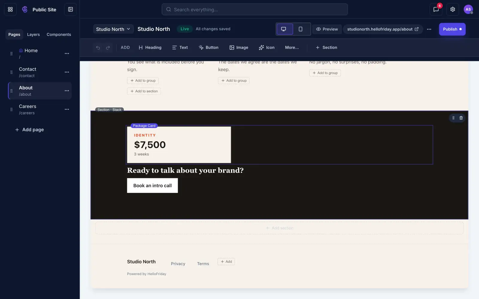 A package card selected in the Sites builder as a reusable component