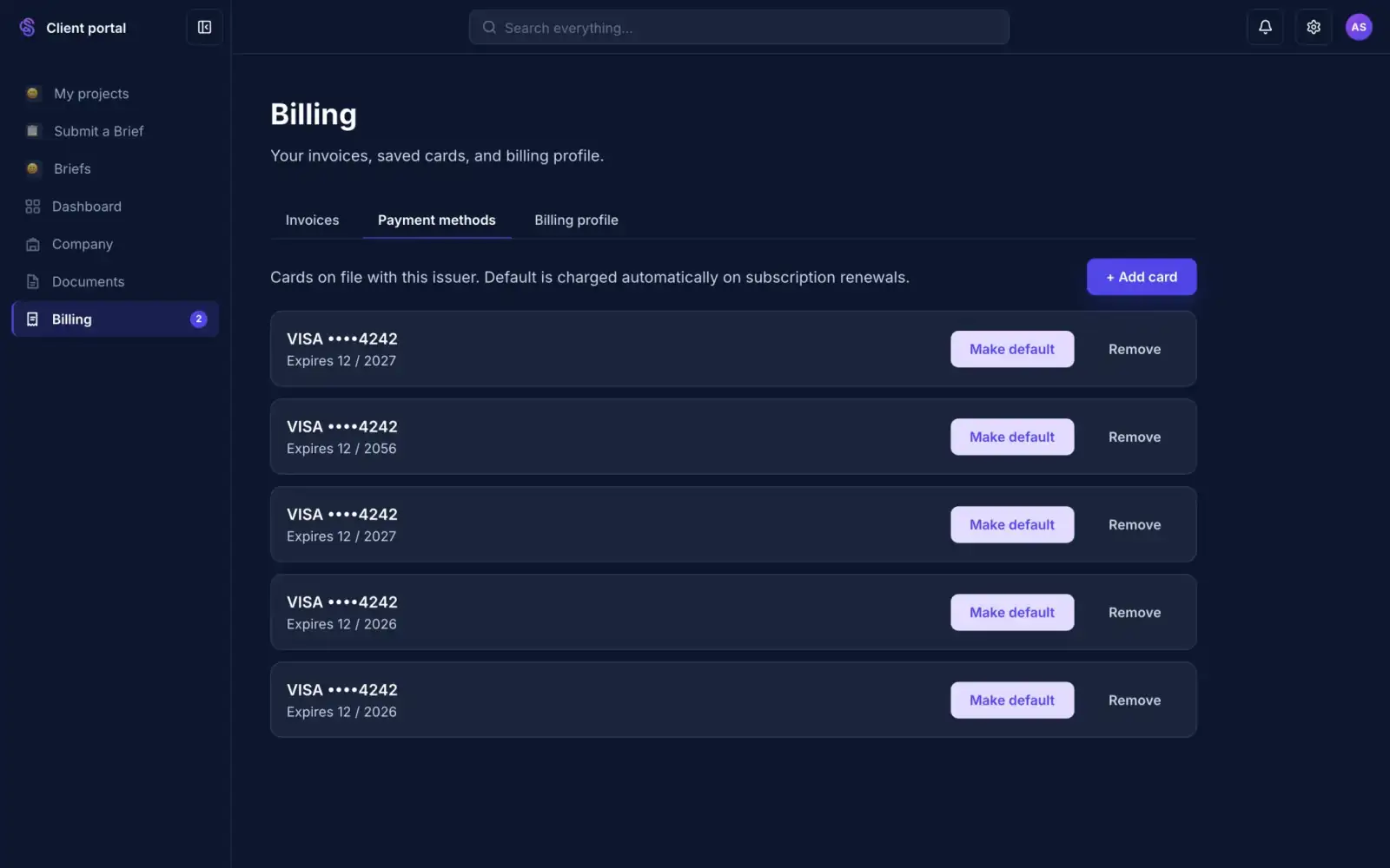 A client's payment methods with saved cards and an Add card button