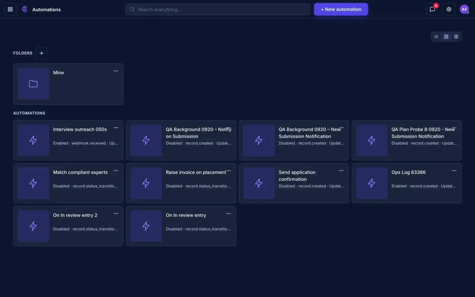 A list of automations showing enabled and disabled