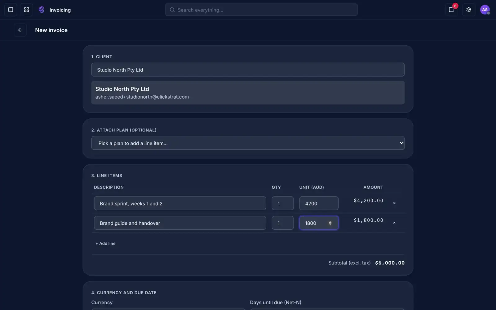 A new invoice with a client and two line items adding up to a subtotal
