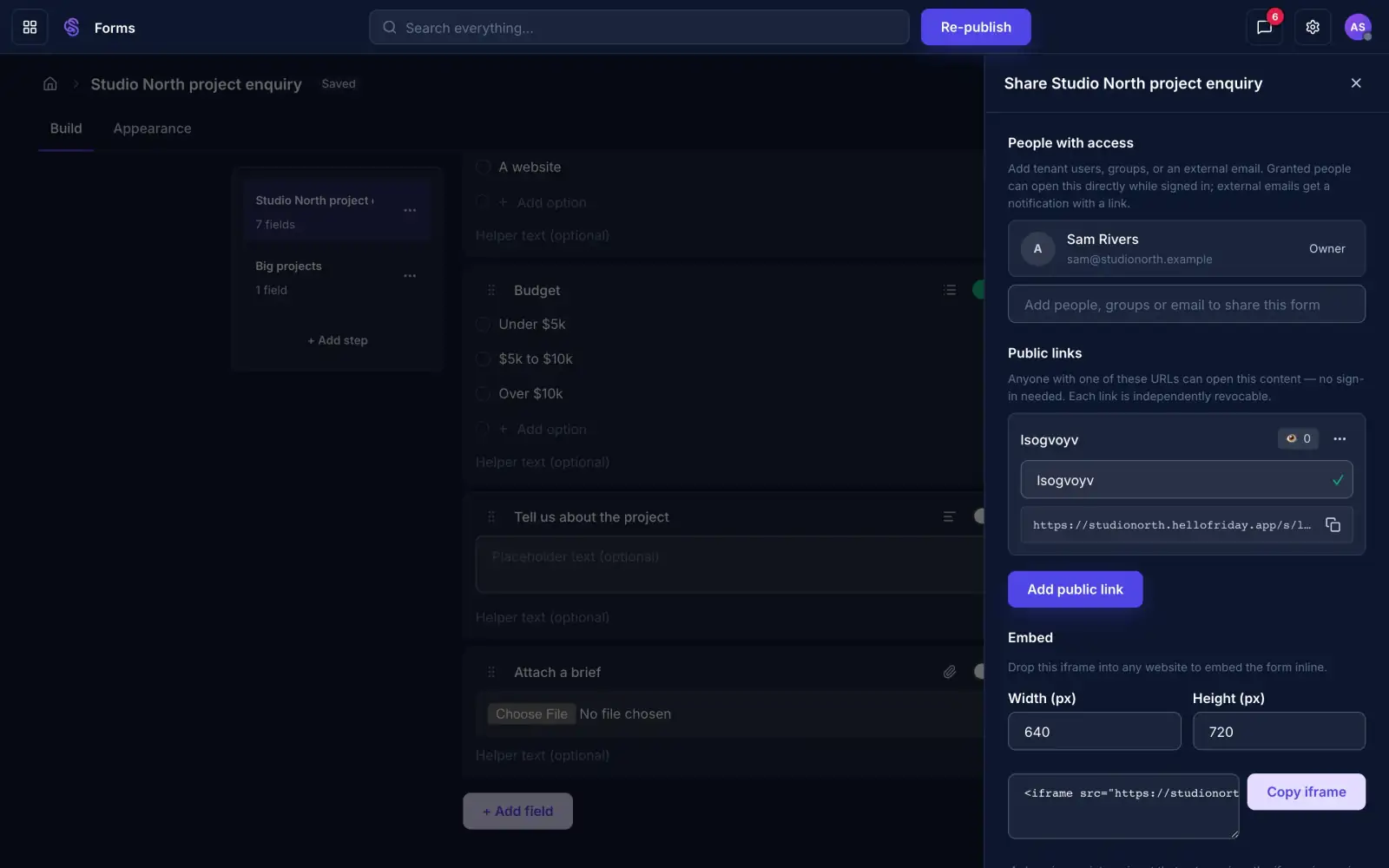 The share panel with a public link and embed code