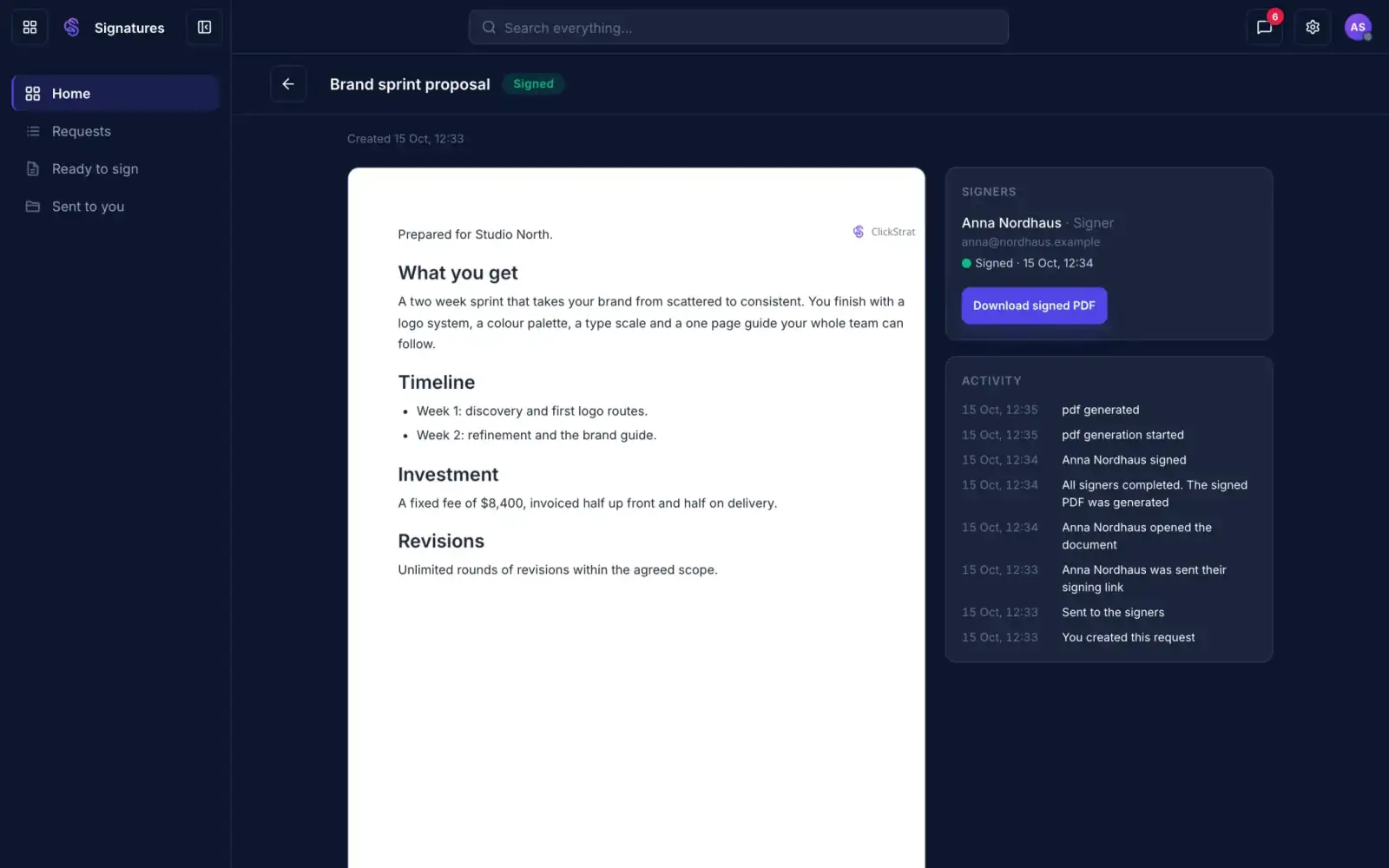 A signed request with the signed PDF ready to download and its activity log