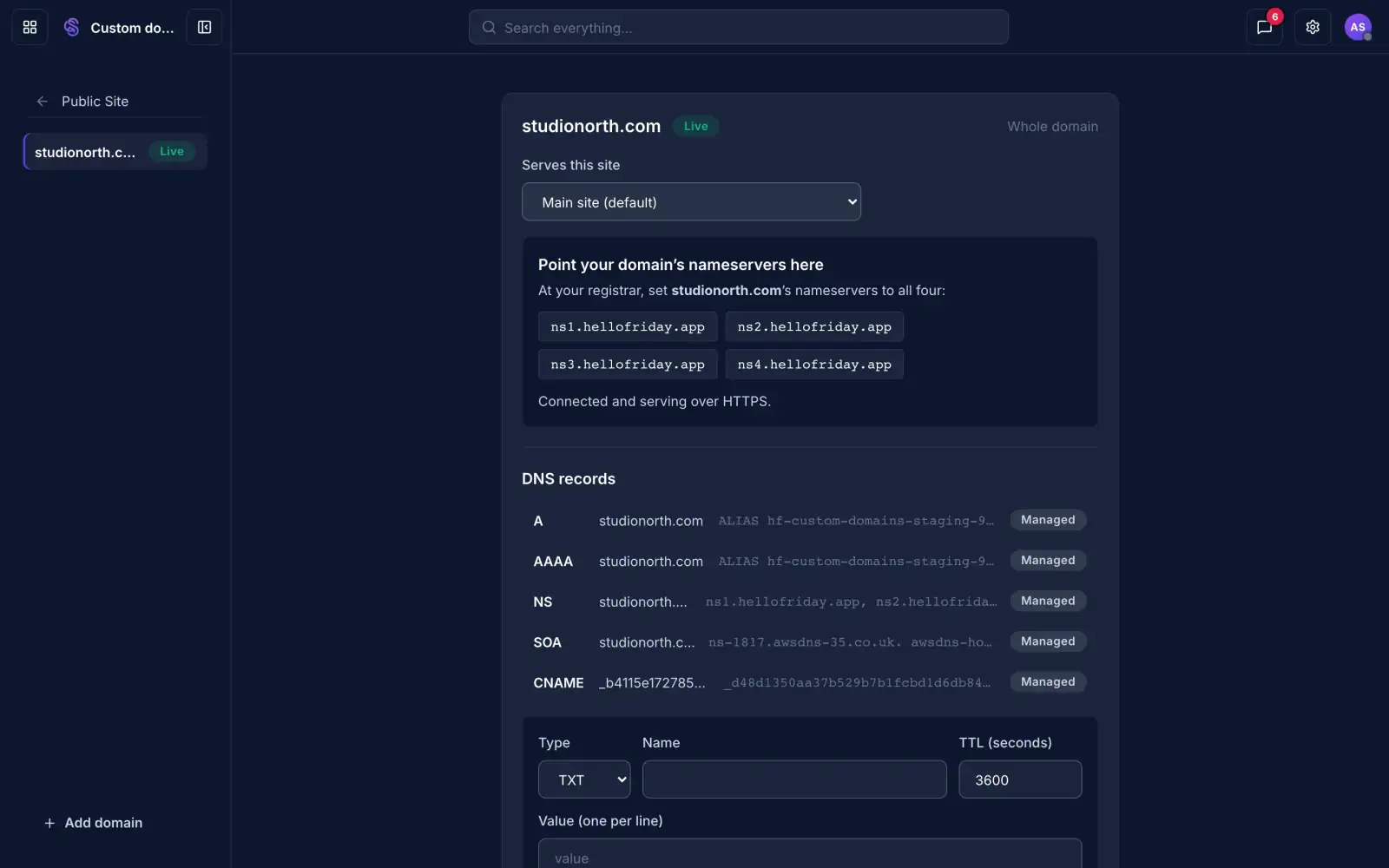 A custom domain connected and serving over HTTPS