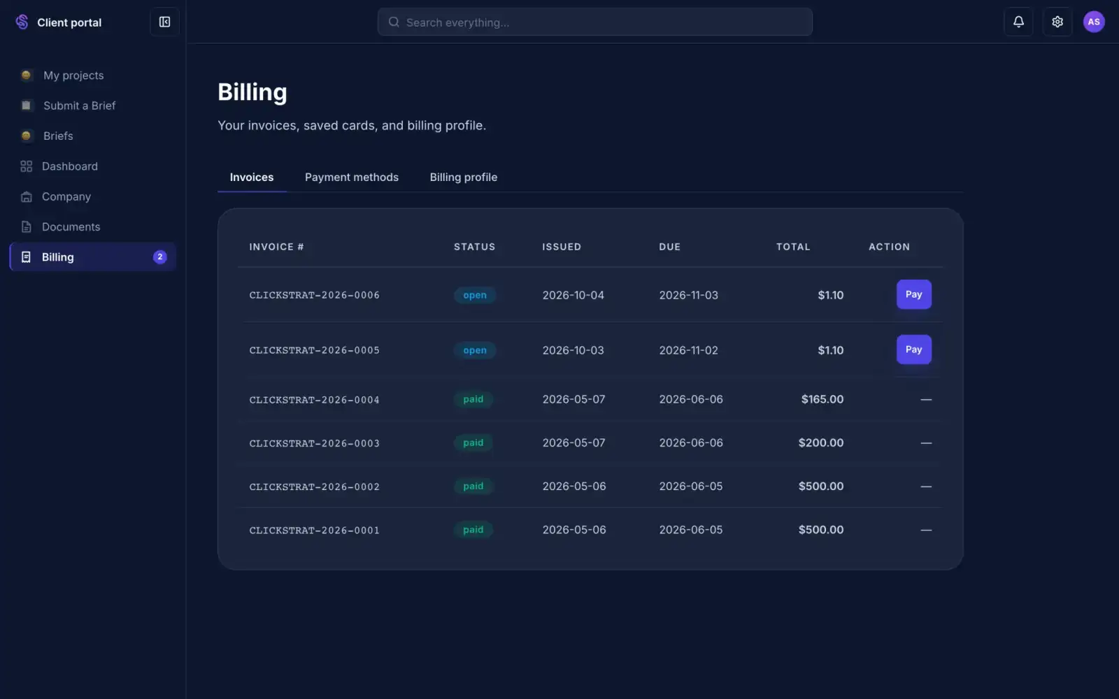 A client's billing page with open and paid invoices and a Pay button