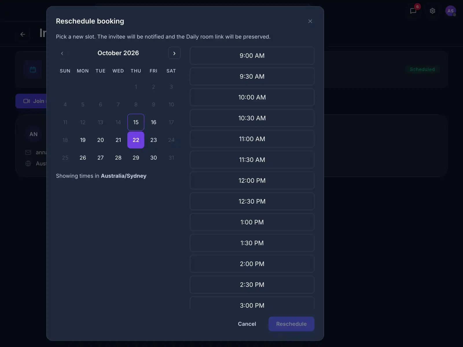 The reschedule panel with open times for a new date