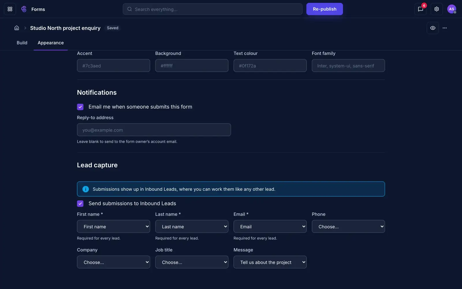 Form settings with lead capture turned on and email notifications