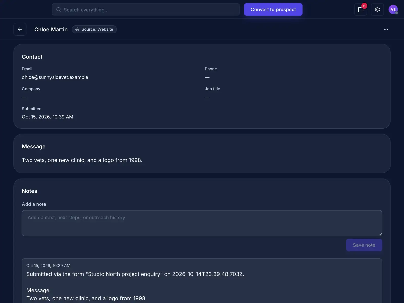 An inbound lead with its message and a Convert to prospect button