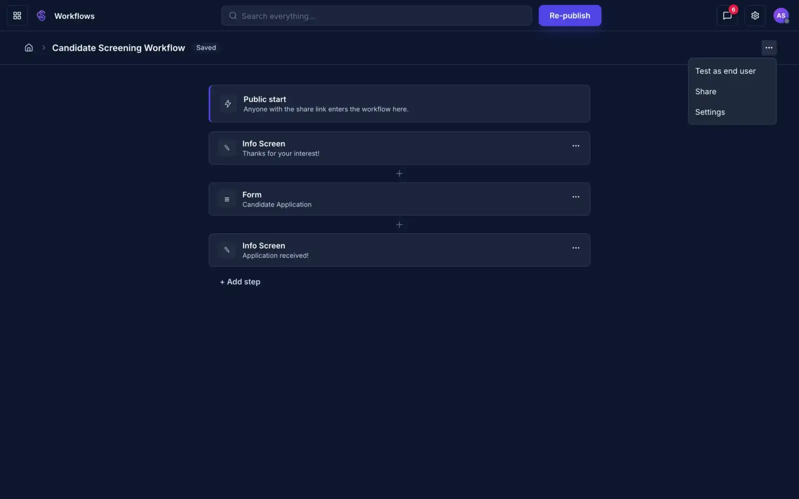 The workflow menu with Test as end user, Share and Settings
