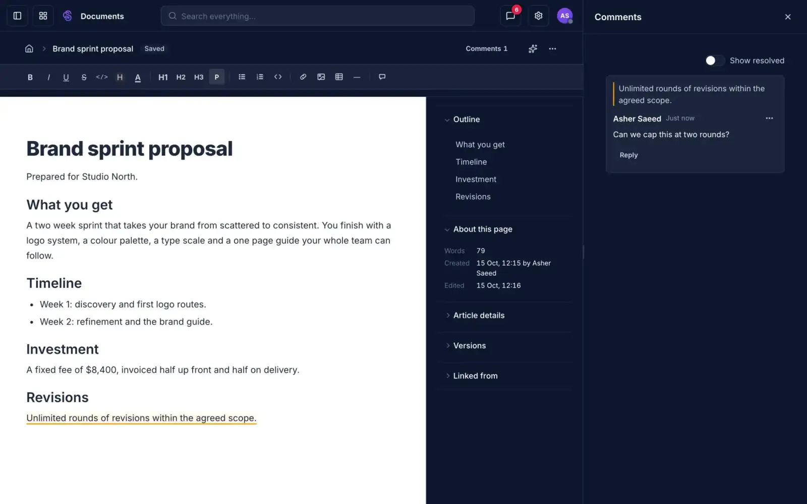 A comment thread attached to a highlighted line in a proposal