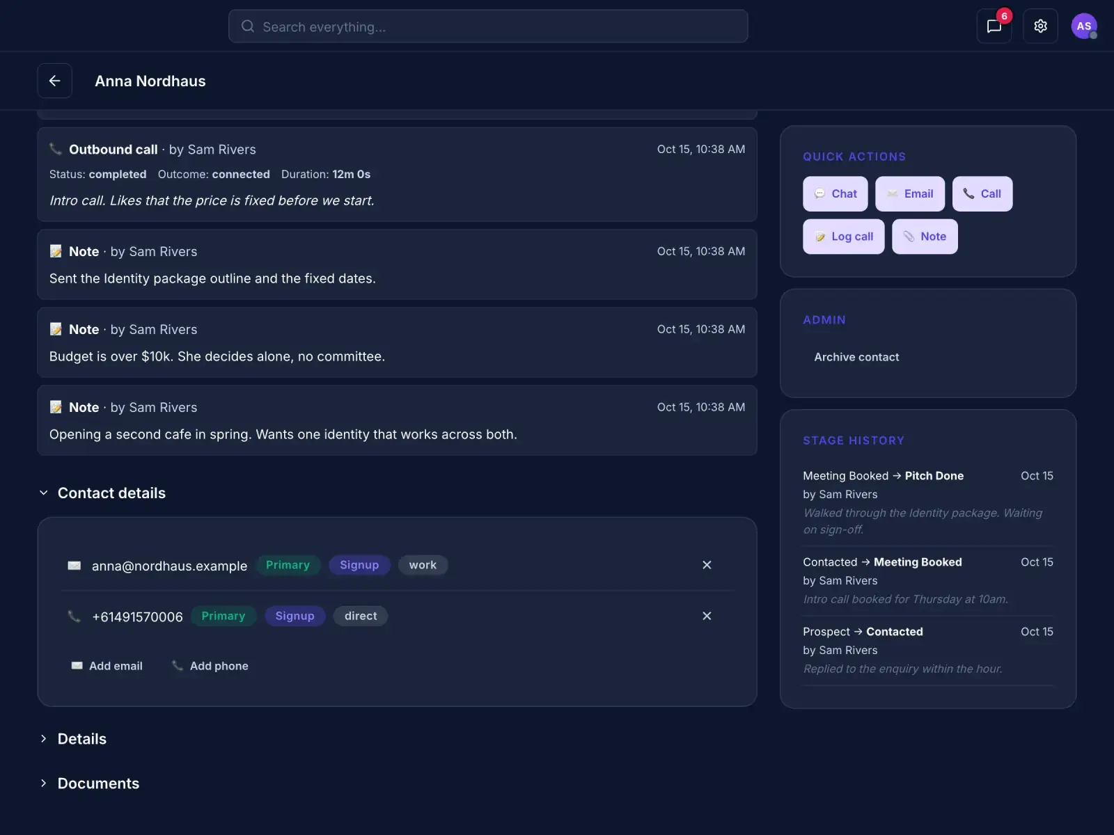 Quick actions for chat, email, call and notes on a client page
